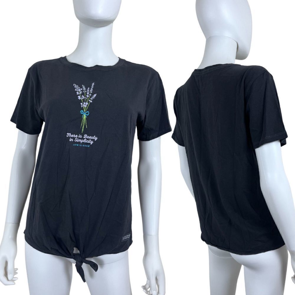 Life Is Good Women Size XS Black Floral Cotton Short Sleeve Pullover Tie Shirt